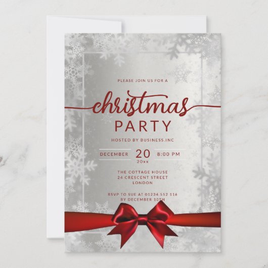 シルバースノーフレーク会社クリスマスレッドリボン 招待状 (正面)