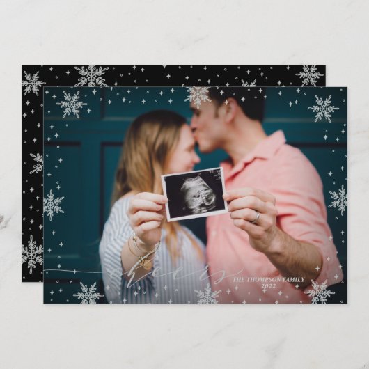 シルバースノーフレーク応援フォトクリスマスホリデー カード (正面/裏面)