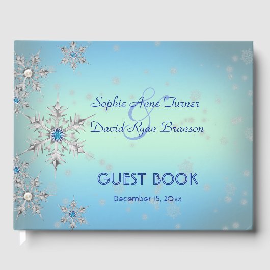 シルバースノーフレーク結晶ブルー結婚パール ゲストブック (正面)
