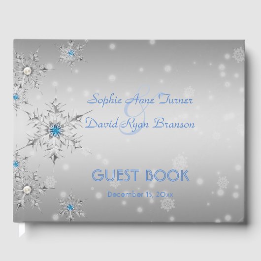シルバースノーフレーク結晶ブルー結婚パール ゲストブック (正面)