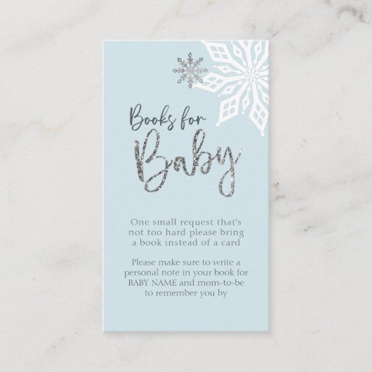 シルバースノーフレーク赤ちゃんシャワーブックリクエスト エンクロージャーカード (正面)