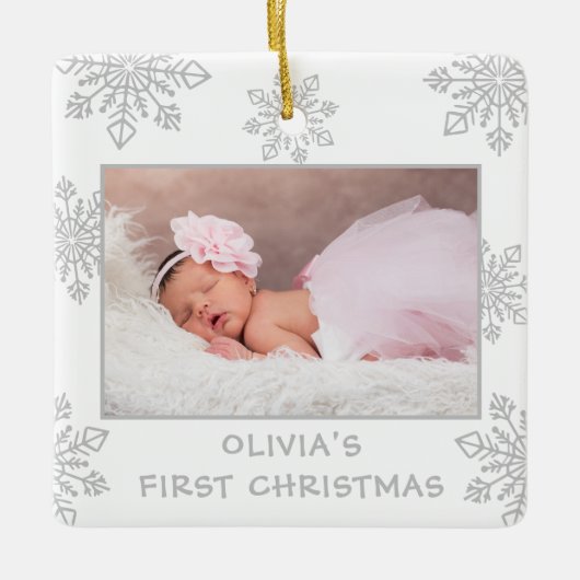 シルバースノーフレーク2フォトベビー初めてのクリスマス セラミックオーナメント (正面)