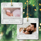 シルバースノーフレーク2フォトベビー初めてのクリスマス セラミックオーナメント