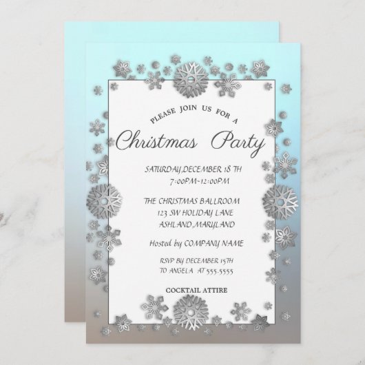 シルバースノーフレーク、フレーム企業のクリスマスパーティー 招待状 (正面/裏面)