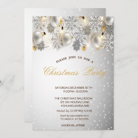 シルバースノーフレーク、ボールカンパニークリスマスパーティー 招待状 (正面/裏面)