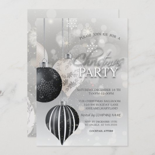 シルバースノーフレーク、ボールクリスマス会社 招待状 (正面/裏面)