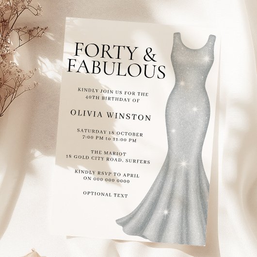 シルバースパークルきらめくドレス40th誕生日パーティー 招待状