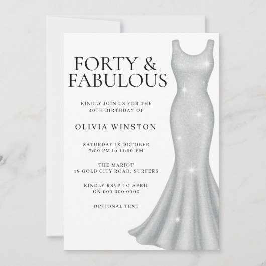 シルバースパークルきらめくドレス40th誕生日パーティー 招待状 (正面)
