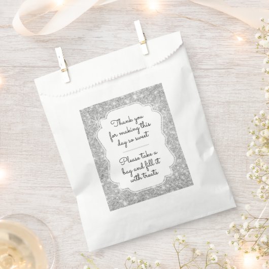 シルバースパークルキャンディバービュッフェ結婚式の引き出物バッグ フェイバーバッグ (クリップ留めされた状態)