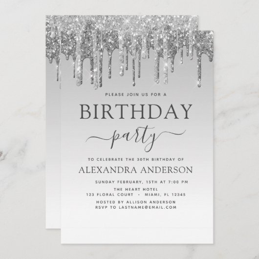 シルバースパークルグリッターエイジ誕生日 招待状 (正面/裏面)