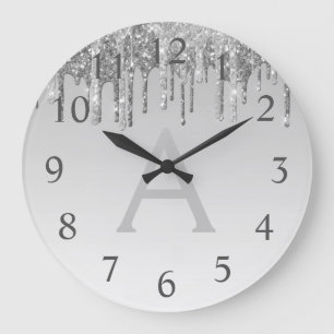 シルバースパークルグリッターモノグラムネーム&イニシャル ラージ壁時計