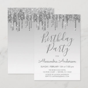 シルバースパークルグリッター 誕生日パーティー 招待状