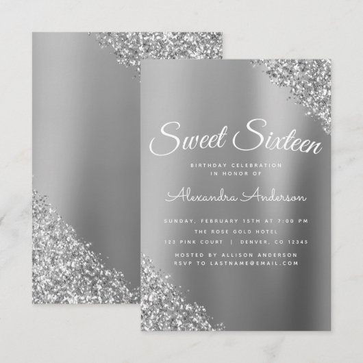 シルバースパークルグリッターSweet sixteen誕生日 招待状 (正面/裏面)