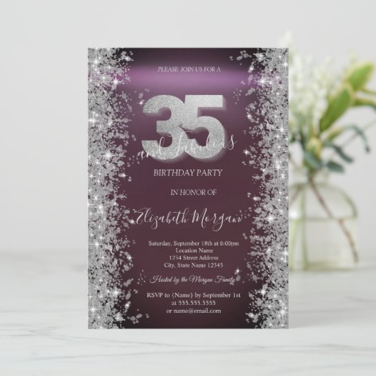 シルバースパークルダイアモンズバーガンディ35誕生日 招待状 (スタンド正面)