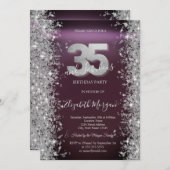 シルバースパークルダイアモンズバーガンディ35誕生日 招待状 (正面/裏面)