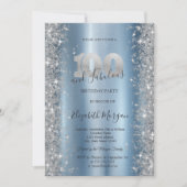 シルバースパークルダイアモンズブルー100誕生日 招待状 (正面)