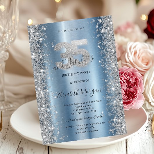 シルバースパークルダイアモンズブルー35誕生日 招待状