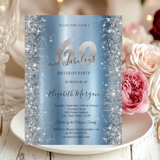 シルバースパークルダイアモンズブルー60誕生日 招待状