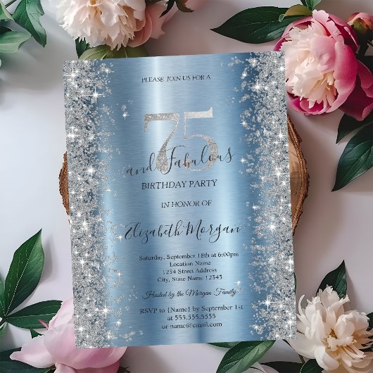 シルバースパークルダイアモンズブルー75誕生日 招待状