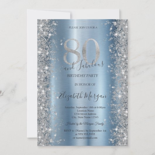 シルバースパークルダイアモンズブルー80誕生日 招待状 (正面)