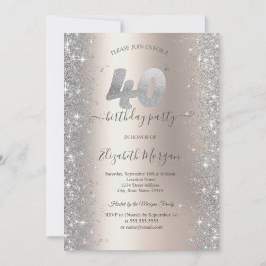 シルバースパークルダイヤモンドアイボリー40th誕生日パーティー 招待状 (正面)