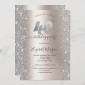 シルバースパークルダイヤモンドアイボリー40th誕生日パーティー 招待状 (正面/裏面)