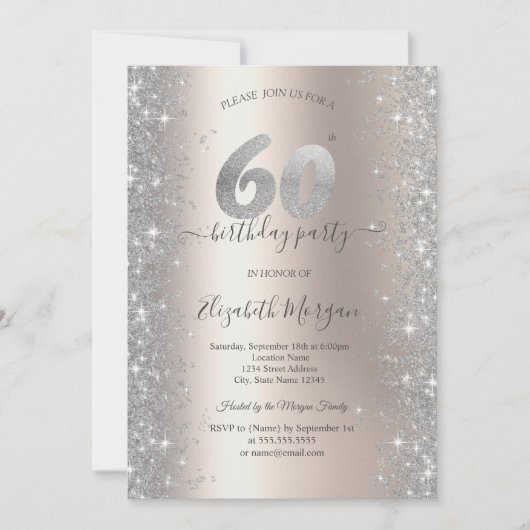 シルバースパークルダイヤモンドアイボリー60thバースデーパーティー 招待状 (正面)