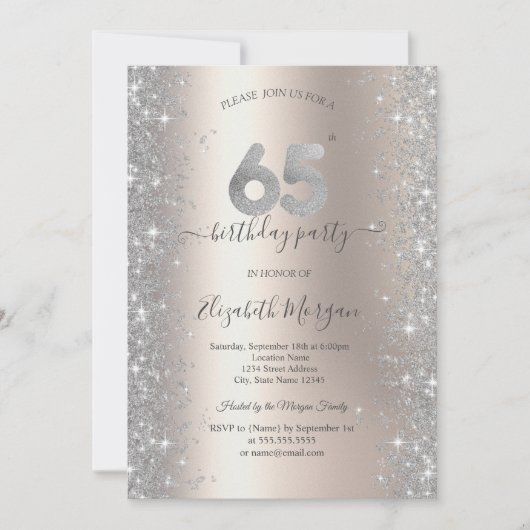 シルバースパークルダイヤモンドアイボリー65thバースデーパーティー 招待状 (正面)