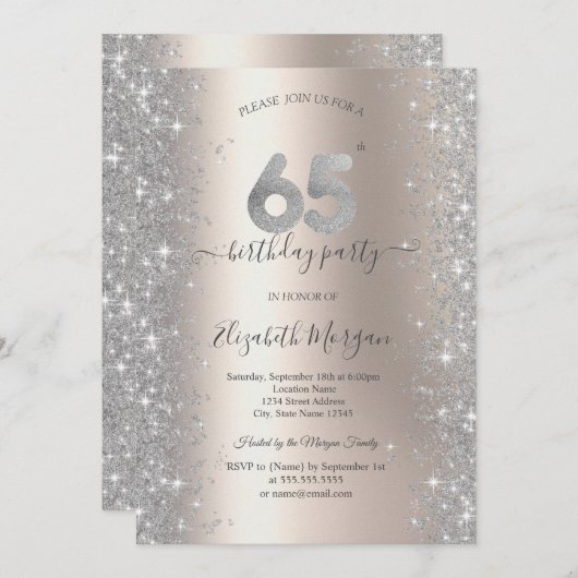 シルバースパークルダイヤモンドアイボリー65thバースデーパーティー 招待状 (正面/裏面)