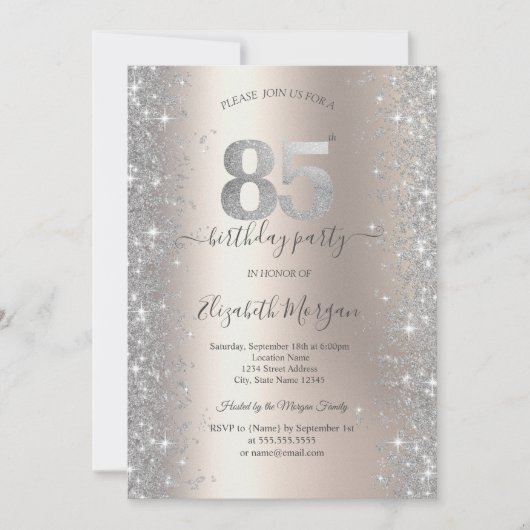 シルバースパークルダイヤモンドアイボリー85thバースデーパーティー 招待状 (正面)