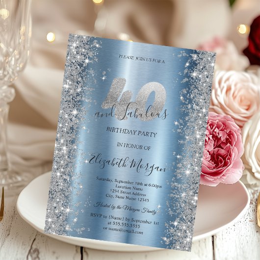 シルバースパークルダイヤモンドブルー40歳の誕生日 招待状