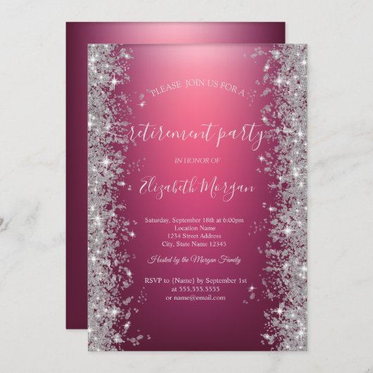 シルバースパークルダイヤモンドレッドリタイアメントパーティー 招待状 (正面/裏面)