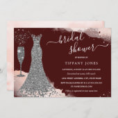 シルバースパークルドレスブルゴーニュブライダルシャワー 招待状 (正面/裏面)