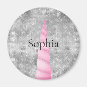 シルバースパークルピンクグレームユニコーン誕生日 マグネット (正面)