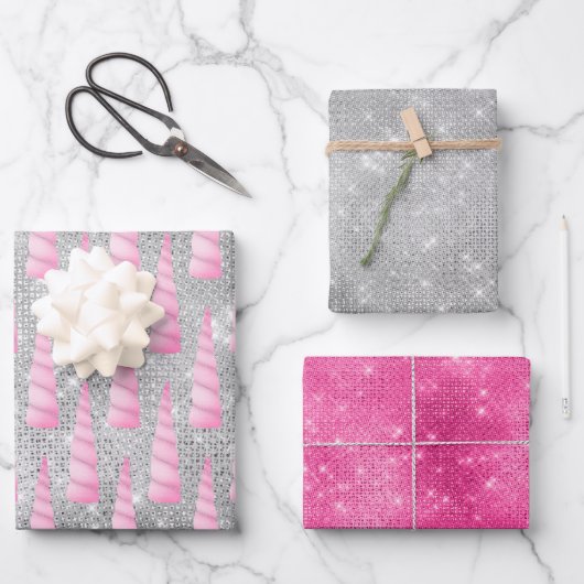 シルバースパークルピンクグレームユニコーン誕生日 ラッピングペーパーシート (正面)