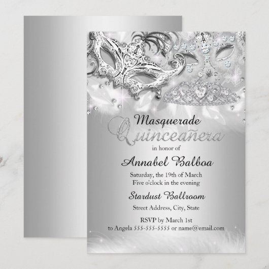 シルバースパークルマスカレードキンセアニエラ招待状 招待状 (正面/裏面)