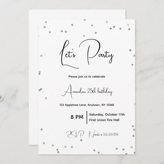 シルバースパークル完全にカスタマイズ可能パーティー 招待状 (正面/裏面)