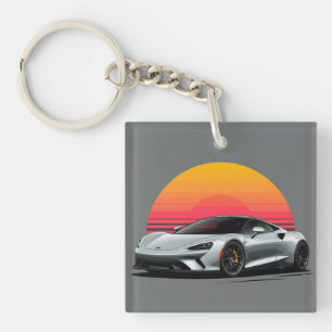 シルバースポーツカーとレトロサンセットデザイン キーホルダー
