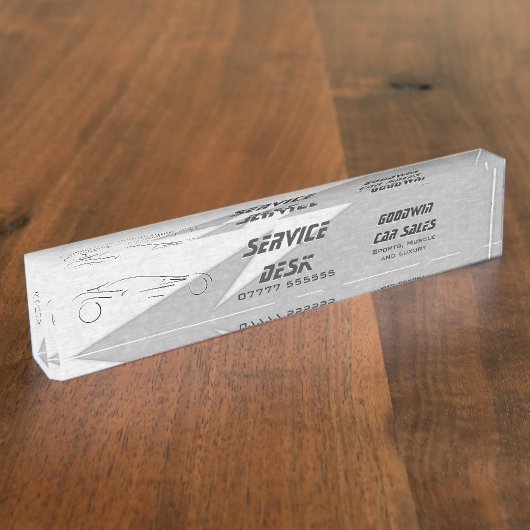 シルバースポーツカー、稲妻、ショールームサービスエリア デスクネームプレート (側面)