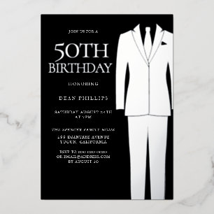 シルバースーツ&タイブラックメンズ50thバースデーパーティー 箔招待状