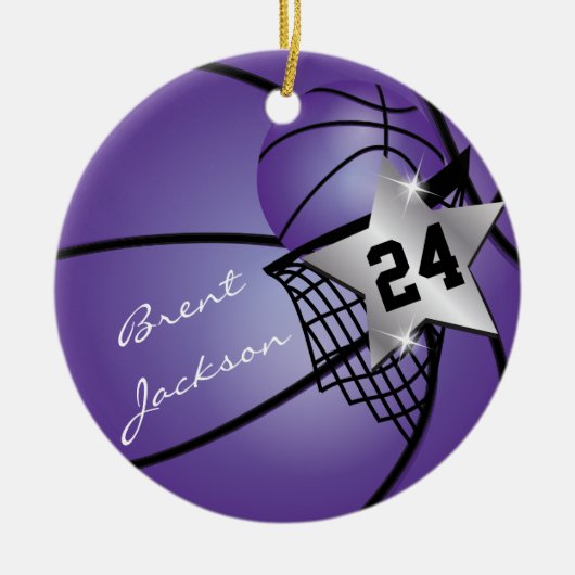 シルバースーパースターバスケットボール | DIY文字 |紫 セラミックオーナメント (正面)