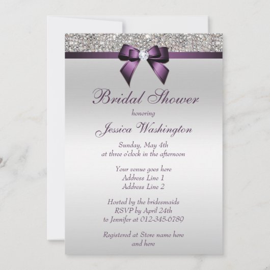 シルバーセクフェイクシンパープルボウブライダルシャワー 招待状 (裏面)