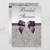 シルバーセクフェイクシンパープルボウブライダルシャワー 招待状 (正面/裏面)