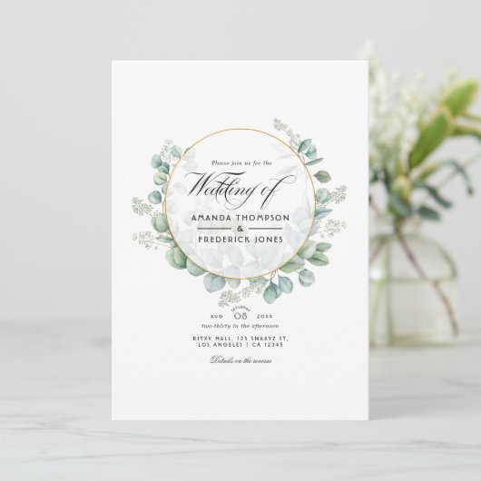 シルバーセージユーカリ幾何学的QRコード結婚ズ 招待状 (スタンド正面)