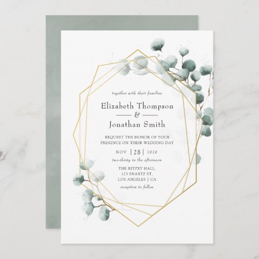 シルバーセージユーカリ幾何結婚物の 招待状 (正面/裏面)