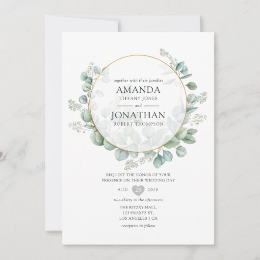 シルバーセージユーカリ幾何結婚物の 招待状 (正面)