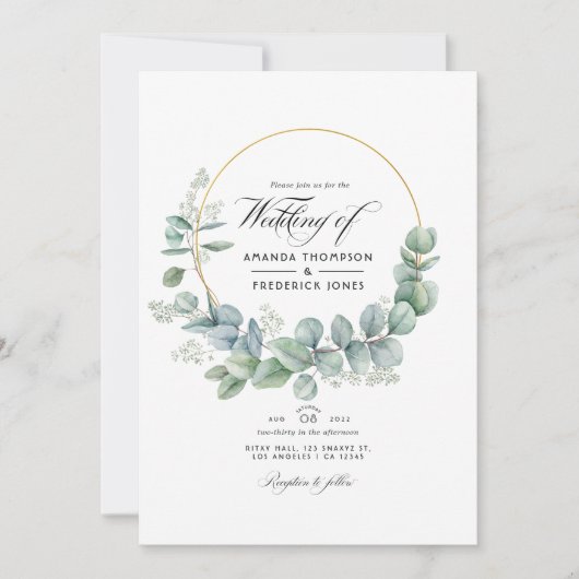 シルバーセージ幾何学的ユーカリ結婚スの写真 招待状 (正面)