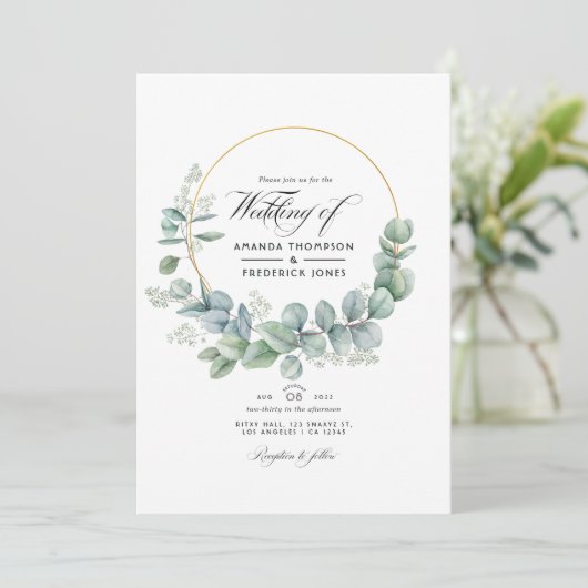 シルバーセージ幾何学的ユーカリ結婚スの写真 招待状 (スタンド正面)