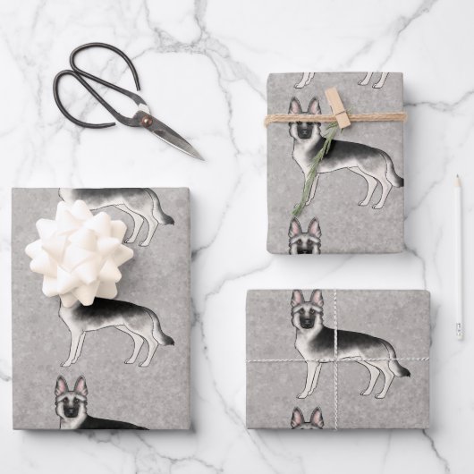 シルバーセーブルドイツシェパードかわいい漫画の犬 ラッピングペーパーシート (正面)