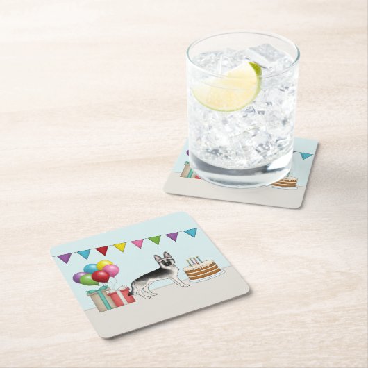 シルバーセーブルドイツシェパードドッグカラフル誕生日 スクエアペーパーコースター (インサイチュ)